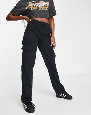 Pull&Bear high waisted straight leg cargo trousers in black