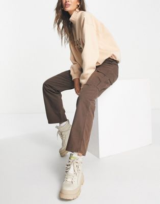 Pull&Bear high waisted straight leg cargo trousers in brown