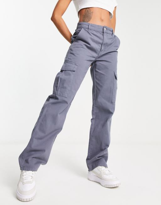 Women's Straight Leg High Waisted Cargo Trousers With Pockets Grey –