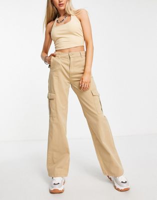 Pull&Bear high waisted straight leg cargo trousers in sand