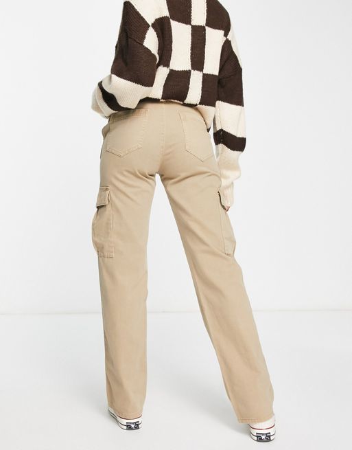 Pull&Bear high waist wide leg cargo pants in beige