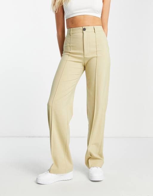 Pull&Bear high waisted straight leg trousers in beige | ASOS