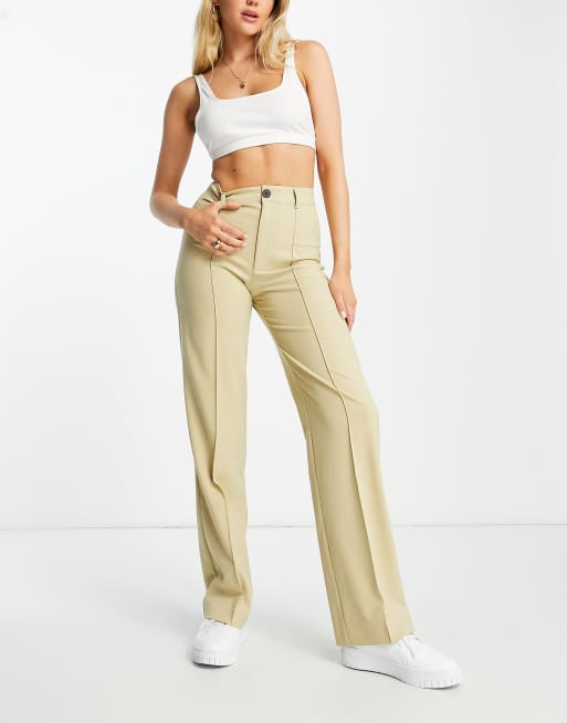 Pull&Bear high waisted wide leg cargo trousers in beige