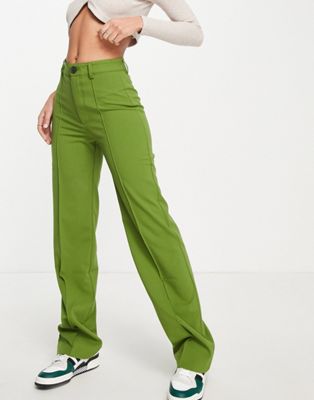 Pull&Bear high waisted straight leg trousers in green