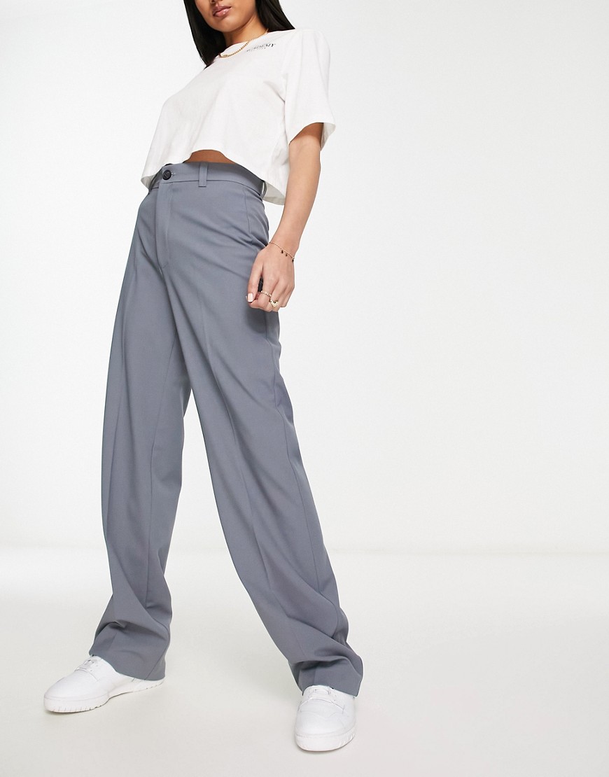 Pull & Bear High Waisted Tailored Pants In Blue Gray