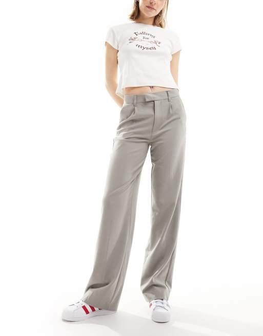 Pull&Bear high rise tailored straight leg pants with front seam in  chocolate brown