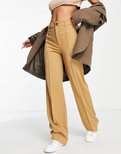 Pull&Bear high waisted tailored straight leg pants in camel