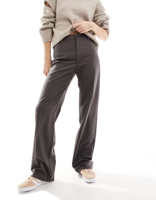 Pull&Bear high waisted tailored straight leg pants in dark brown