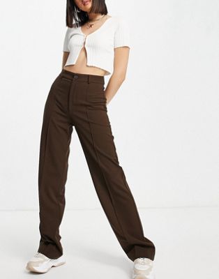 Pull&Bear high waisted tailored straight leg trouser in brown
