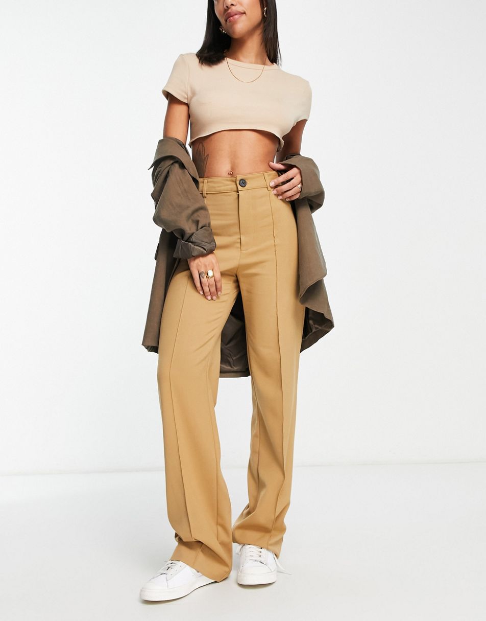 Pull&Bear high rise tailored straight leg pants in camel
