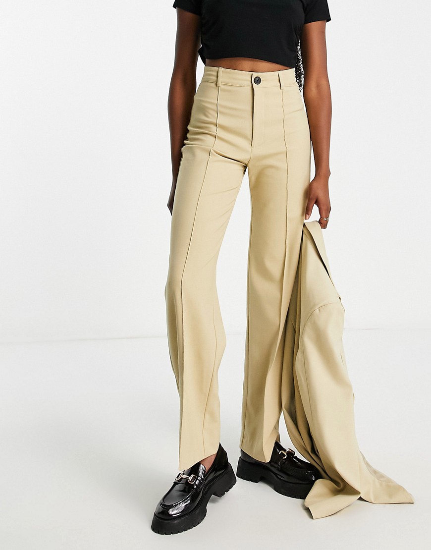 Pull & Bear high waisted tailored straight leg trouser in pale yellow-Neutral