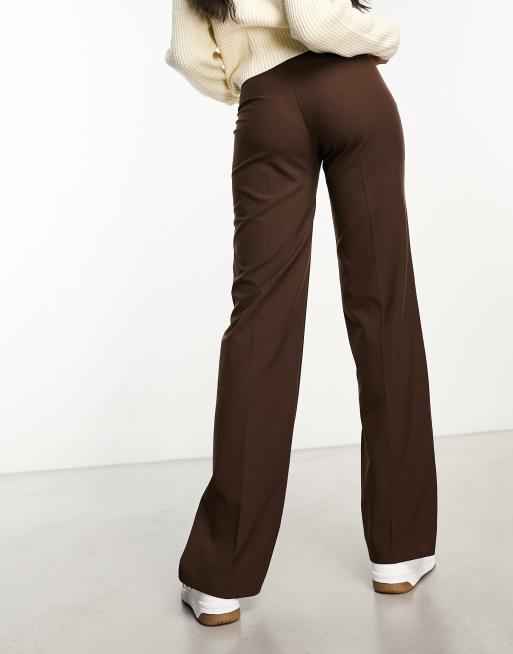 Pull Bear high waisted tailored straight leg trouser with front seam in chocolate brown
