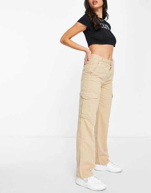 Pull&Bear high waisted wide leg cargo pants in beige ASOS