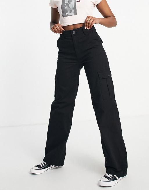 Pull&Bear high waisted wide leg cargo pants in black