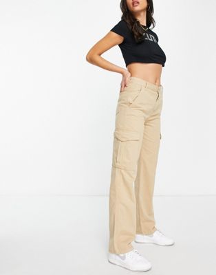 Pull&Bear high waisted wide leg cargo trousers in beige | ASOS