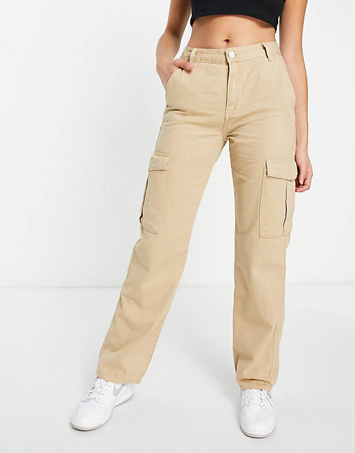 Pull&Bear high waisted wide leg cargo trousers in beige