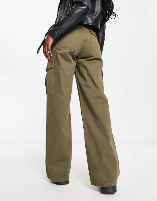 Khaki Wide Leg High Waisted Cargo Trousers