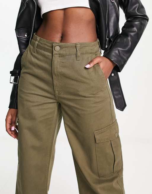 Pull&Bear high waisted wide leg cargo trousers in khaki