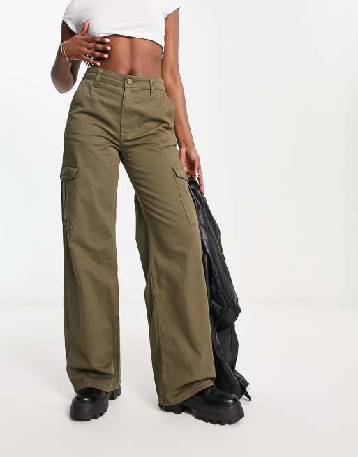 Pull&Bear high waist wide leg cargo pants in beige