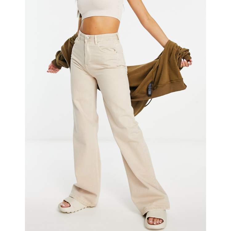 Pull&Bear high waisted wide leg cargo trousers in beige