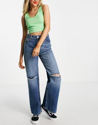 Pull&Bear high waisted wide leg frayed hem jean with rips in blue - ASOS Price Checker