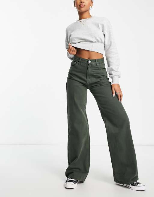 Pull&Bear high waisted wide leg jean in khaki | ASOS