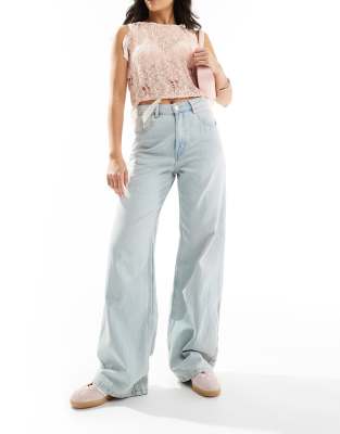 Pull & Bear High Waisted Wide Leg Jeans In Light Blue