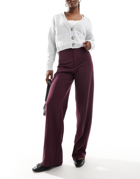 Pull&Bear high waisted wide leg tailored trouser in burgundy - view 1