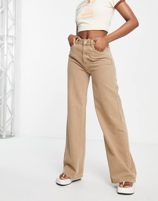 Pull&Bear high waist wide leg cargo pants in beige