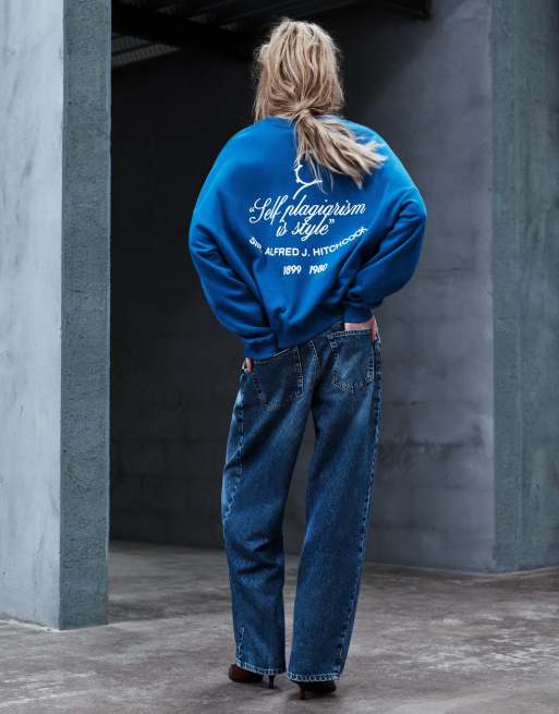 Pull&Bear Hitchcock graphic oversize sweatshirt in deep blue, 2 of 7
