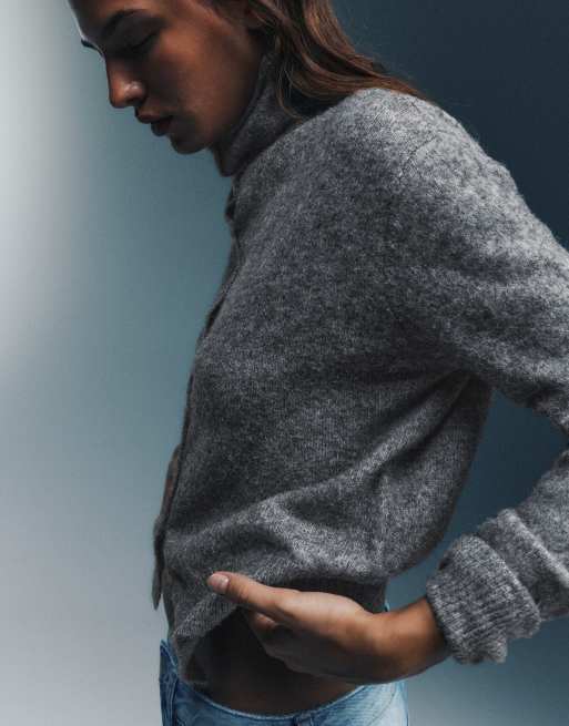 Pull&Bear højhalset cardigan med knapper i gråmeleret, 3 af 7