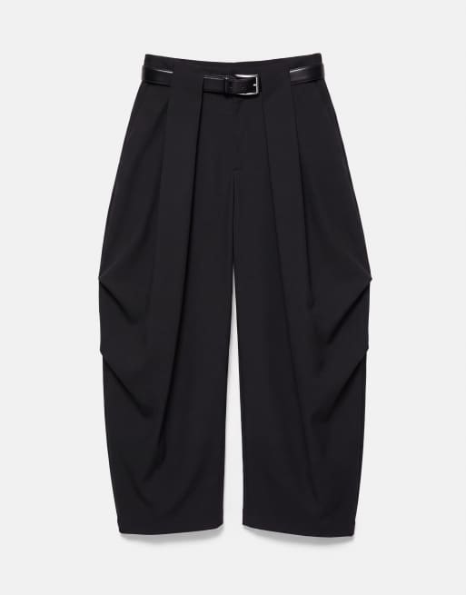 Pull&Bear højtaljede barrel-bukser med læg og bælte i sort, 5 af 7
