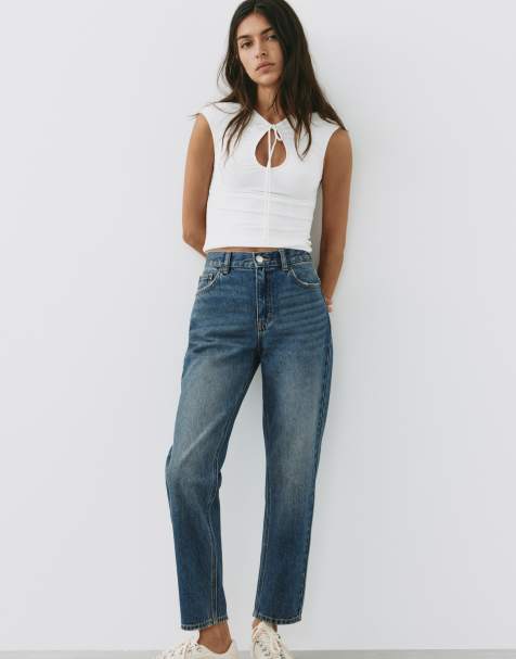 Pull&Bear højtaljede mom-jeans i grønblå - view 1