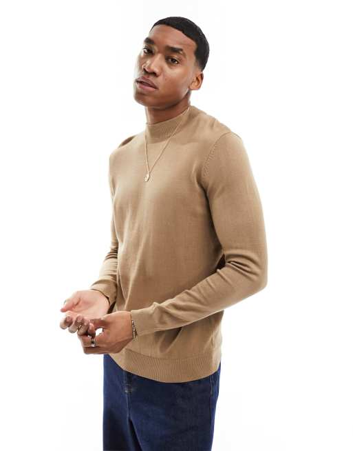 Pull&Bear – Hochgeschlossener Strickpullover in Hellbraun