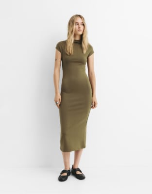Pull & bear - Hochgeschlossenes Midikleid in Khaki-Grün