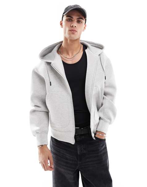 Pull&Bear – Hochwertige Kapuzenjacke aus schwerem Material in Grau mit Reißverschluss - view 1