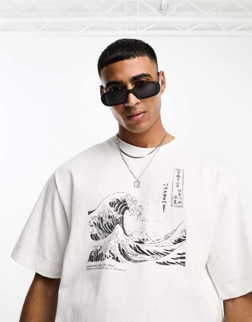 Pull&Bear – Hokusai – Biały T-shirt z nadrukiem fali