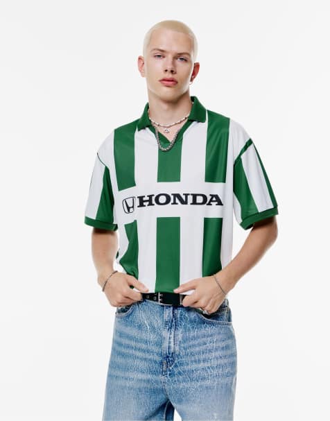 Pull&Bear Honda polo collar t-shirt in green/ecru