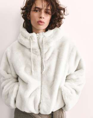 Pull & Bear Hooded Faux Fur Jacket In Neutral