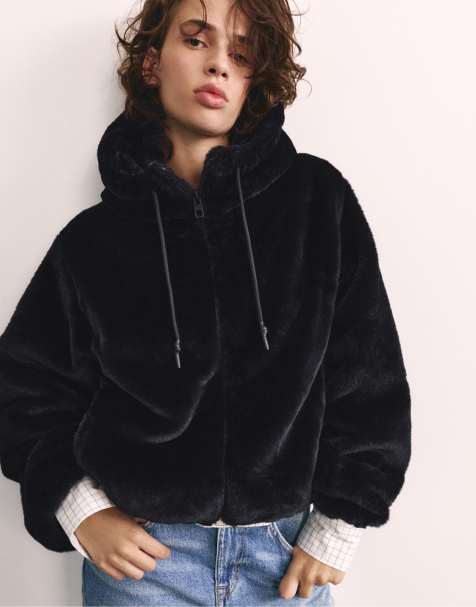 Pull&Bear Hooded faux fur jacket in black - view 1