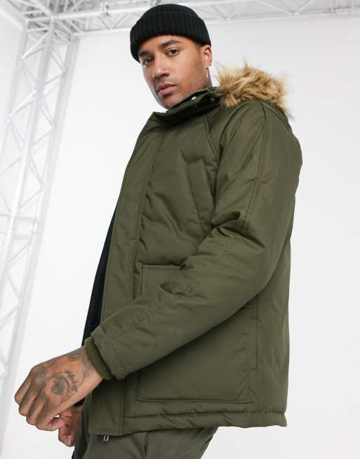 Pull&Bear hooded jacket with faux fur in green | ASOS