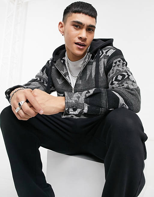  Pull&Bear hooded overshirt in grey aztec 