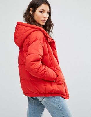 red padded jacket with hood