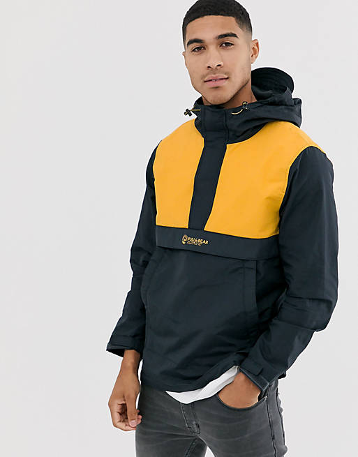 Pull&Bear hooded pouch pocket jacket in navy/ yellow | ASOS