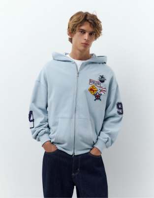 Pull & Bear Hooded Sweatshirt With Zip And Patches In Blue