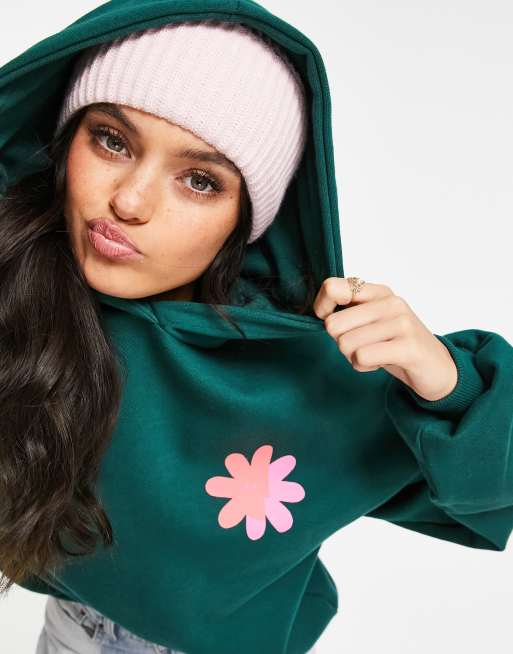 Pull Bear hoodie in green with contrast floral