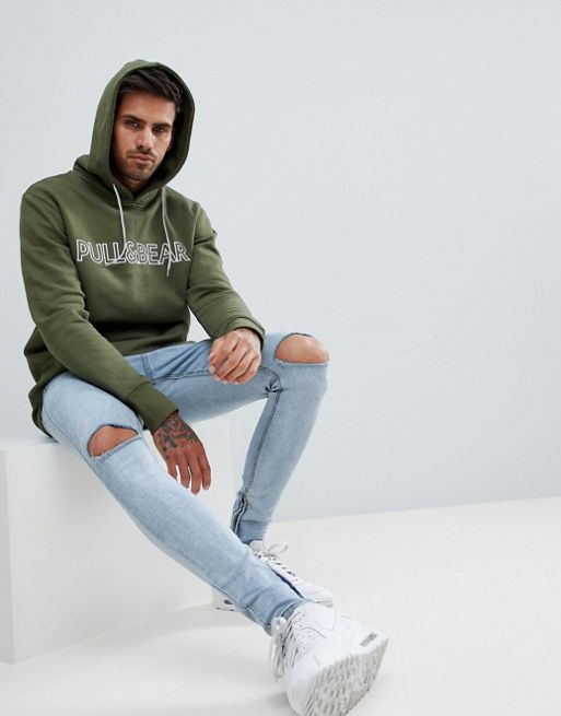 Pull&Bear hoodie in khaki with logo