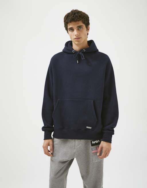 Pull&Bear Denim Jacket With Jersey Hoodie In Navy