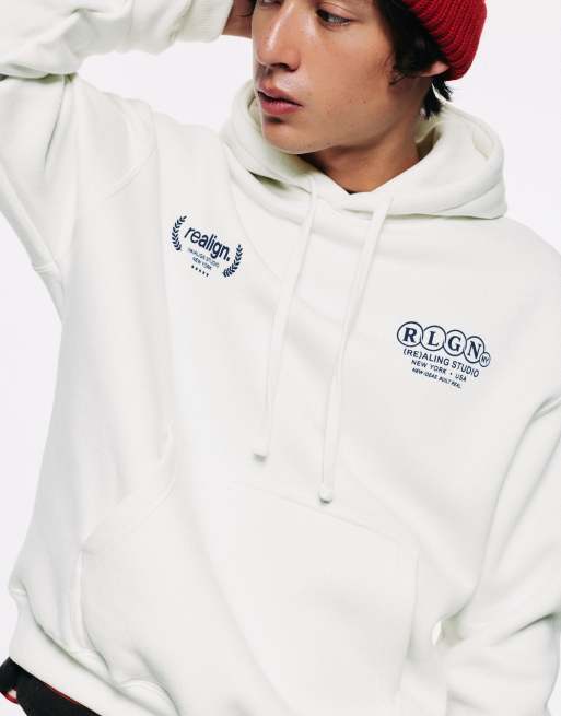 Pull&Bear hoodie med grafik og afslappet pasform i råhvid, 3 af 7