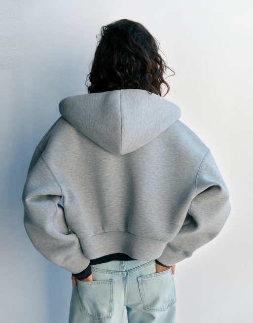 Pull&Bear hoodie med neopreneffekt och dragkedja i gråmelerad, 2 av 7